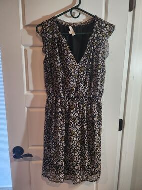 LOFT Black Floral V-Neck Ruffle Mini Dress with Yellow Accents